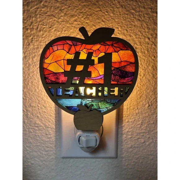 Number 1 Teacher Apple Night Light Stained Glass Effect Wood Decor Handcrafted - Picture 3 of 10